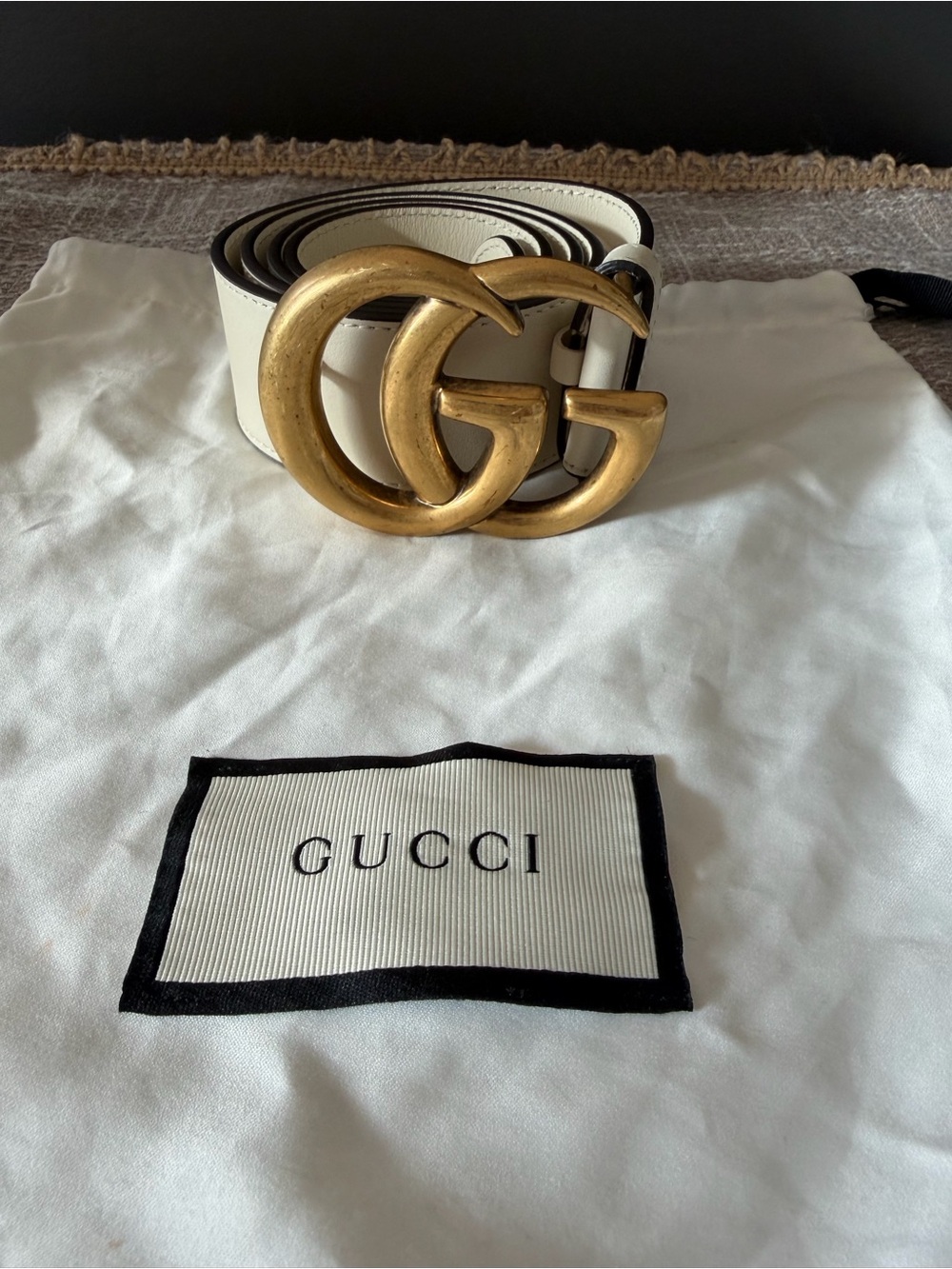 Gucci White Leather Belt with Gold Double G Buckle